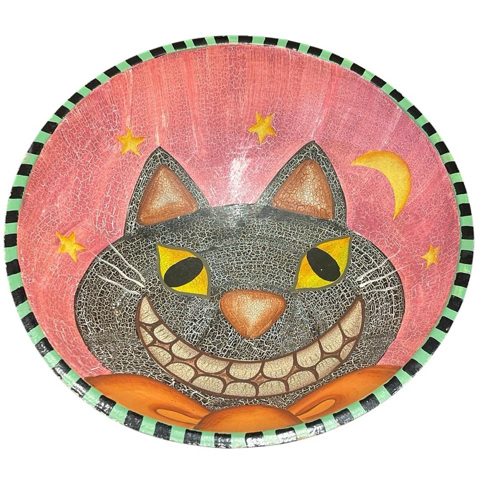 11.5" Round Wooden Decorative Bowl Painted Fall Creepy Smiling Black Cat Whimsy